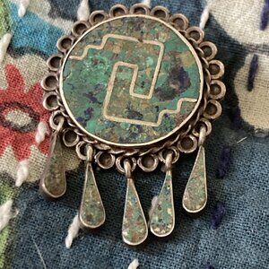 VTG Taxco Sterling Silver 925 Azurite Malachite Mosaic Inlay Pendant Or Brooch